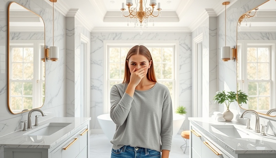 Concerned woman covering nose in elegant bathroom regarding sewer smell in house.