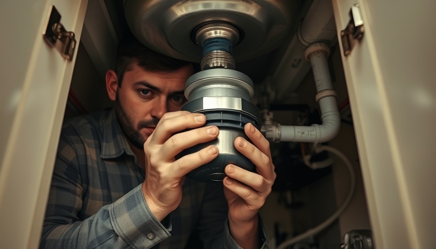 Focused man removing garbage disposal under sink.