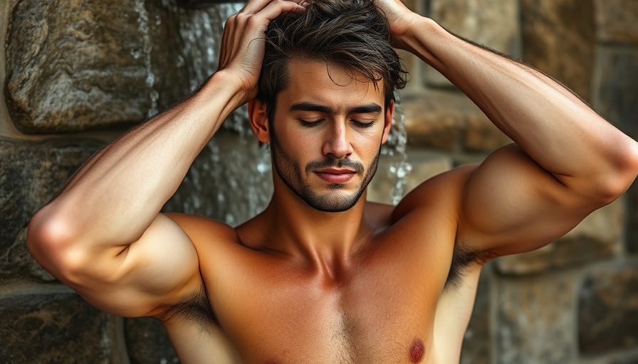 Man washing hair in outdoor shower, how to remove shower head scene.