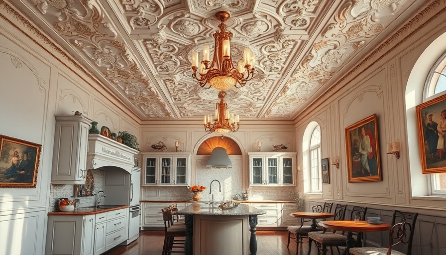 Elegant kitchen with detailed ceiling tiles for covering a popcorn ceiling.