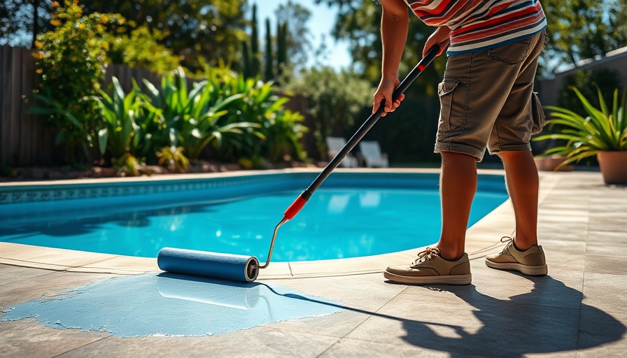 DIY painted concrete pool deck project with person using a roller.