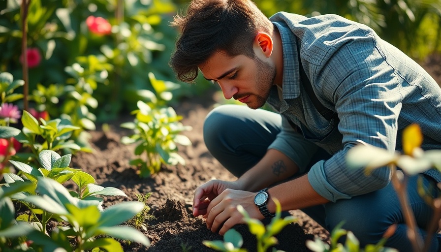 Horticulturist diagnosing soil issues in a vibrant garden.