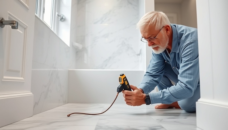Senior man using moisture meter in bathroom to check for hidden water risks.