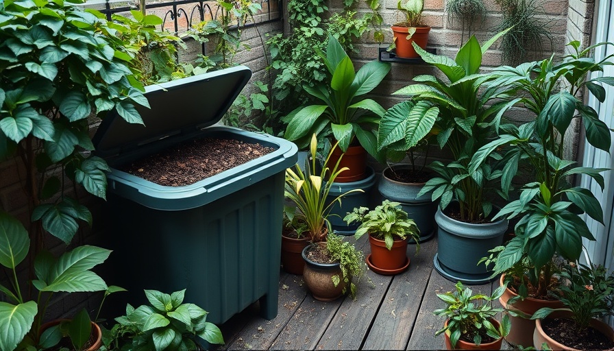 Compost bin in small space gardening setting with green plants.