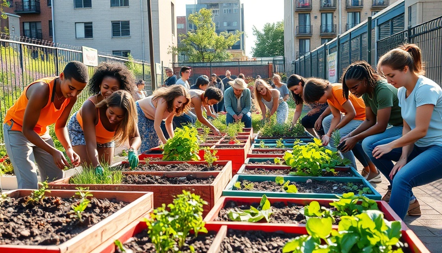 Diverse group planting in a community garden, vibrant setting.