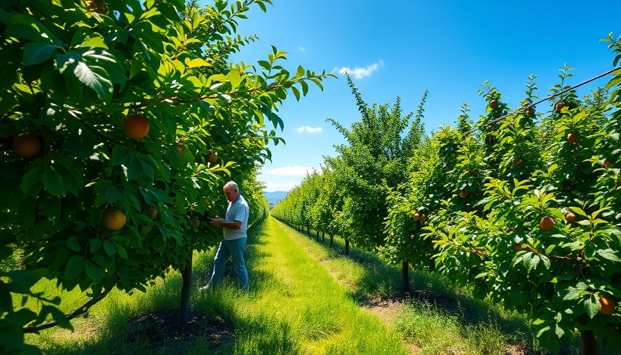 Person tending to fruit trees in a lush green orchard.