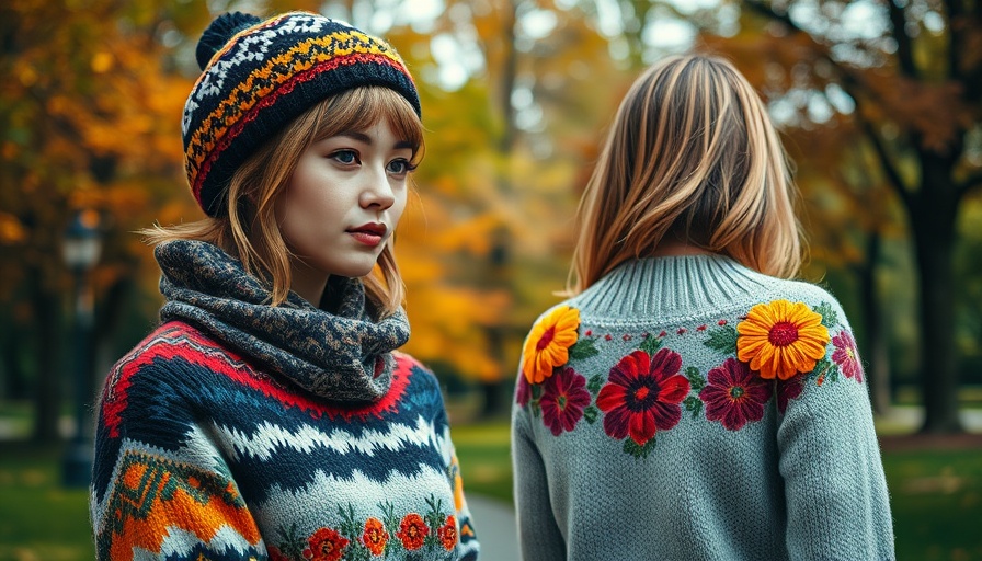 Colorwork knitting patterns on a beret and sweater featuring vibrant designs.