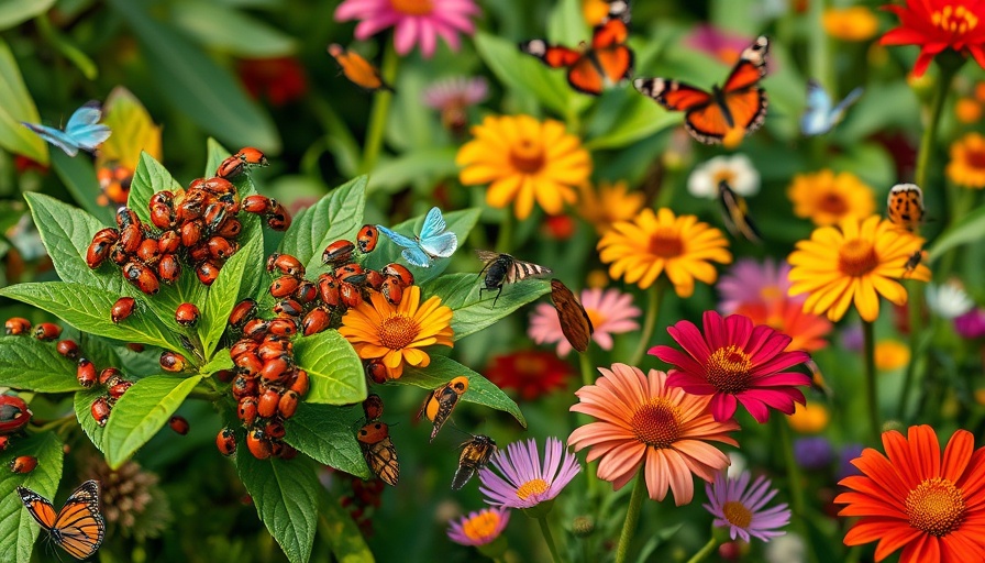Beneficial insects such as ladybugs and butterflies in a garden.
