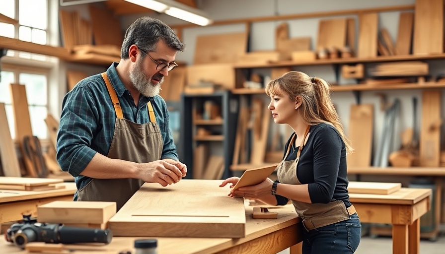 Craftsman and businesswoman discuss custom cabinets in workshop.