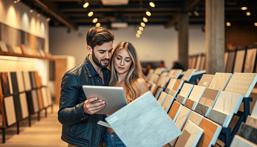 Couple choosing tiles in a store, perfect for big family kitchens.