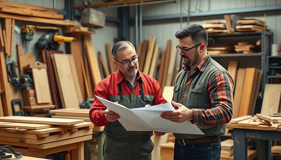 Professionals reviewing plans in a woodworking shop discussing custom kitchen cabinets storage features.