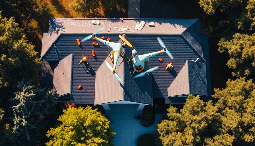 Aerial view of house roof repair for hail damage amidst trees.