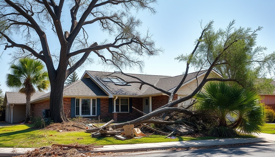 Storm-chased roof and debris scattered around suburban house.