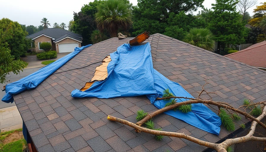 Roof covered with tarp and branches after storm, highlighting storm chaser contractor scams.
