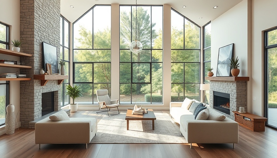 Modern living room with large windows, natural light, neutral decor.