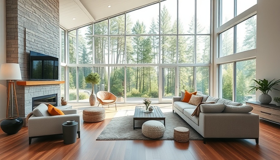 Modern living room with custom windows and forest view.