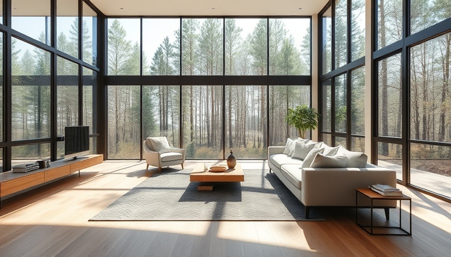 Contemporary living room with large windows and nature view