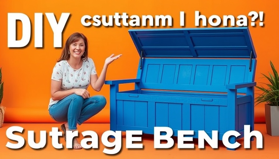 DIY outdoor storage bench with blue lid and woman showcasing it.