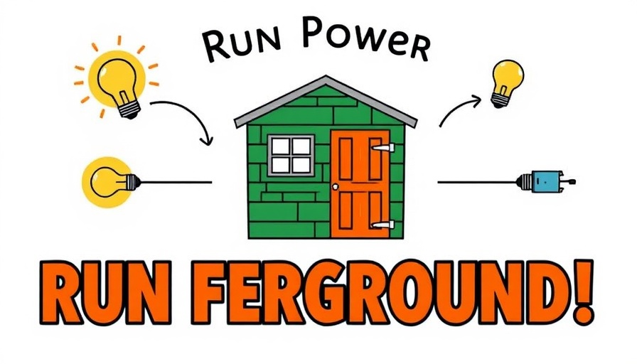 A colorful diagram showing how to run power to a shed with icons and text.