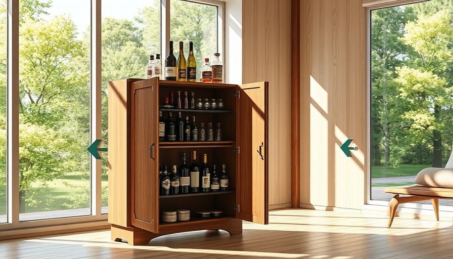 Wooden adjustable liquor cabinet with secret shelf in a bright room.