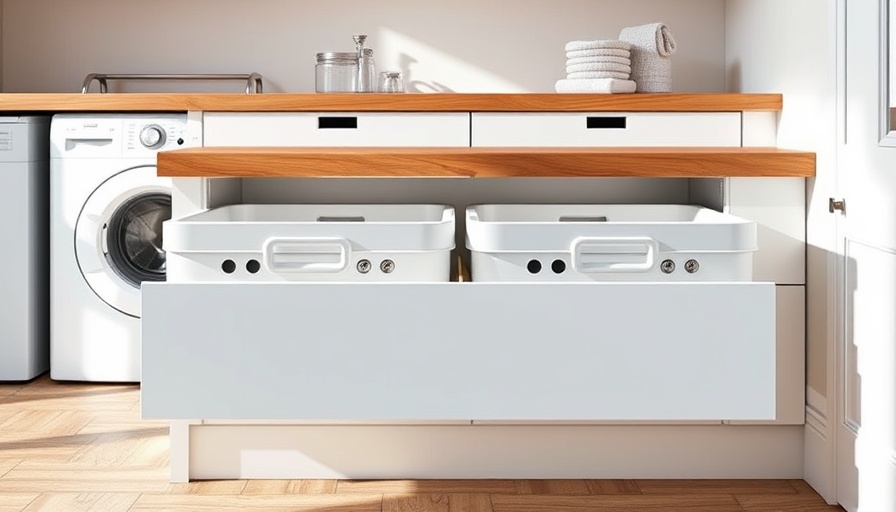 DIY laundry drawer setup with pull-out bins in a modern laundry room.