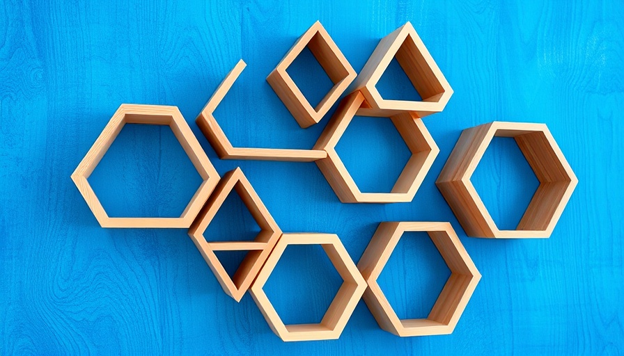 Modern geometric wood wall shelves labeled 'DIY SHELF' against a blue background.