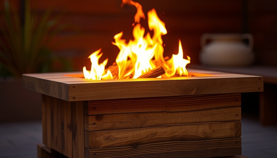 Modern wooden DIY fire pit table with flames against a vibrant background.