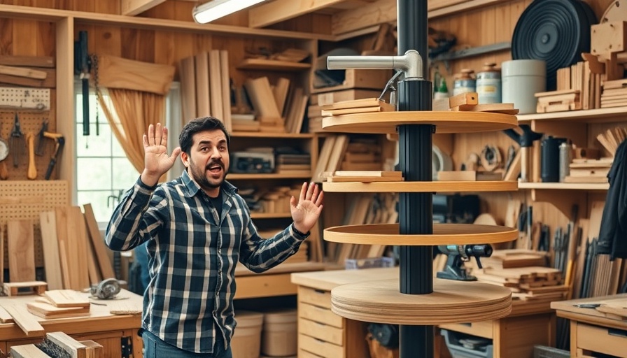 Excited reaction to rotating shelf in woodworking workshop.