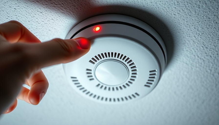Hand adjusting a smoke alarm on the ceiling, red light visible, avoiding false alarms.