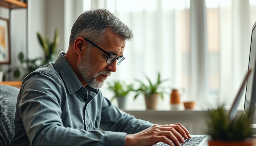 Man focused on work in a modern office with natural light and plants.