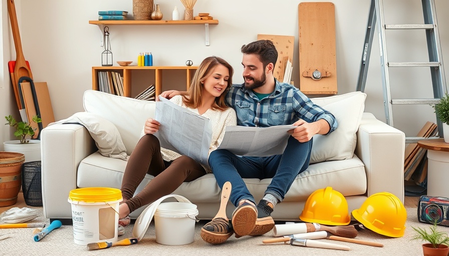 Couple planning home improvements in the UK amidst renovation tools.