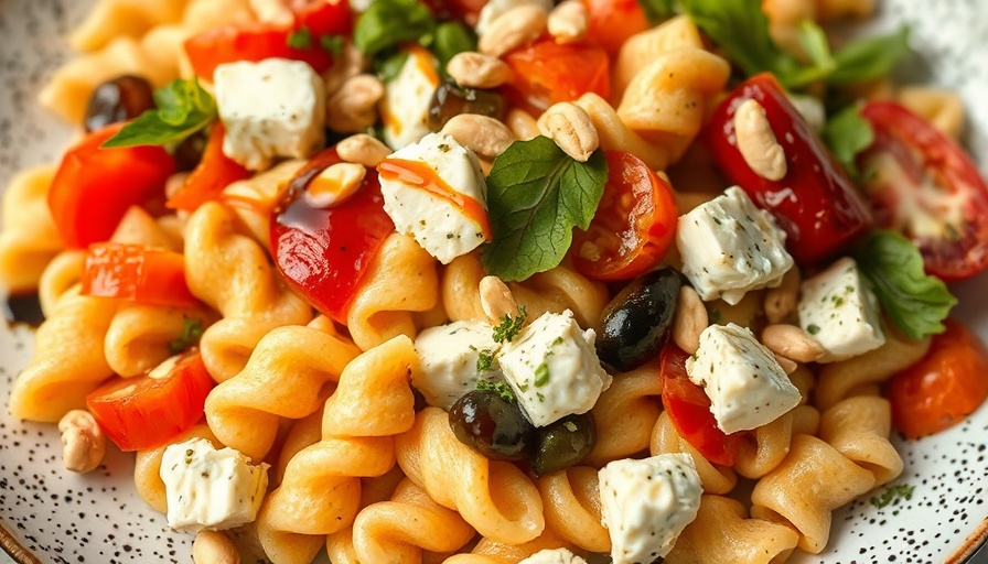 Colorful creamy cottage cheese pasta salad with vegetables and pine nuts