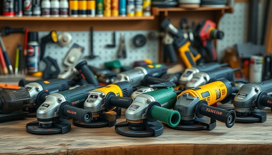 Collection of angle grinders on a workbench with various tools in the background.