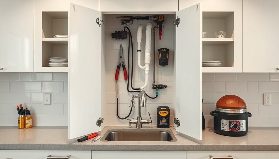 Kitchen plumbing setup for DIYers with tools under sink, bright kitchen.