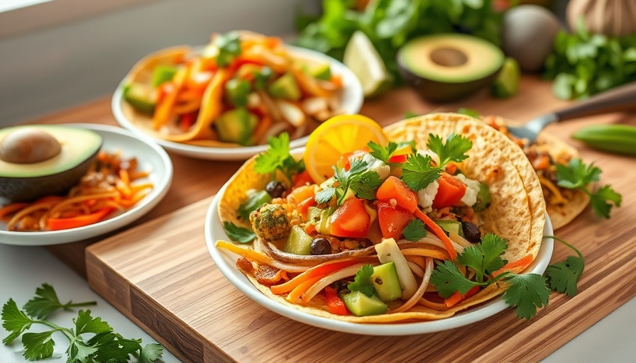 Vibrant vegetarian taco salad with fresh ingredients on a cutting board.