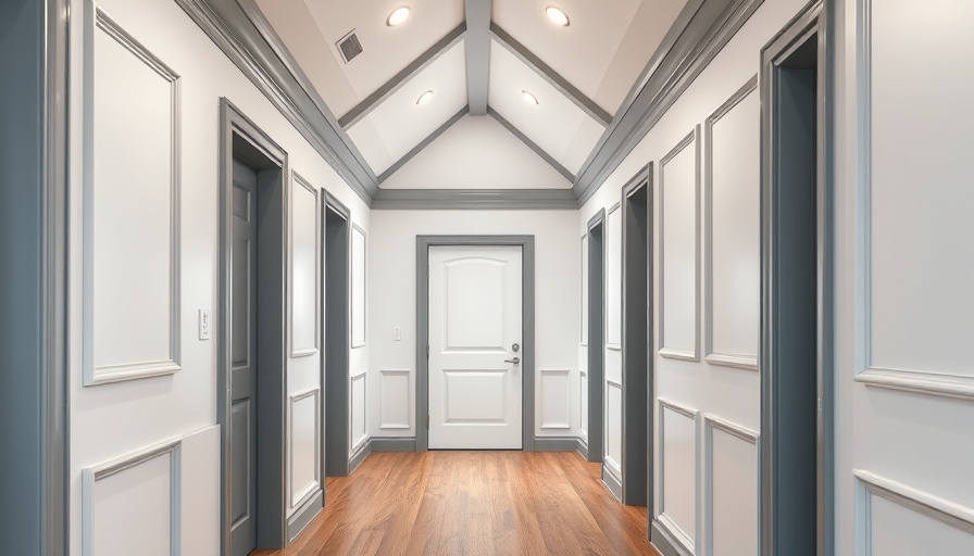 Modern hallway with concealed attic door in ceiling, elegant design.