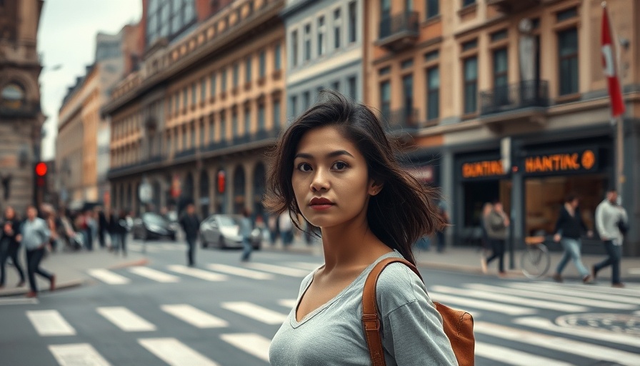 Casual young woman crossing urban street with focus expression