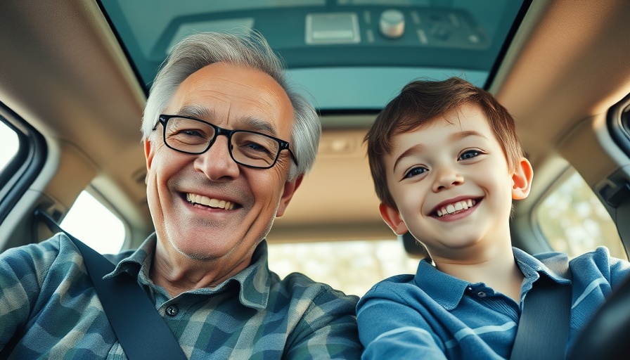 Older male and young boy sitting in car, safe for child to ride in front seat.