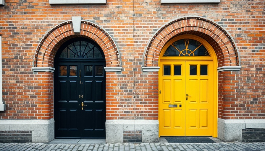 Charming arched black and yellow doors on brick wall with planters.
