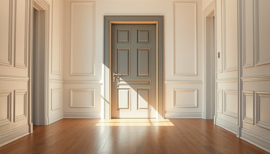 Gray-painted door in a refined hallway with wooden floors.