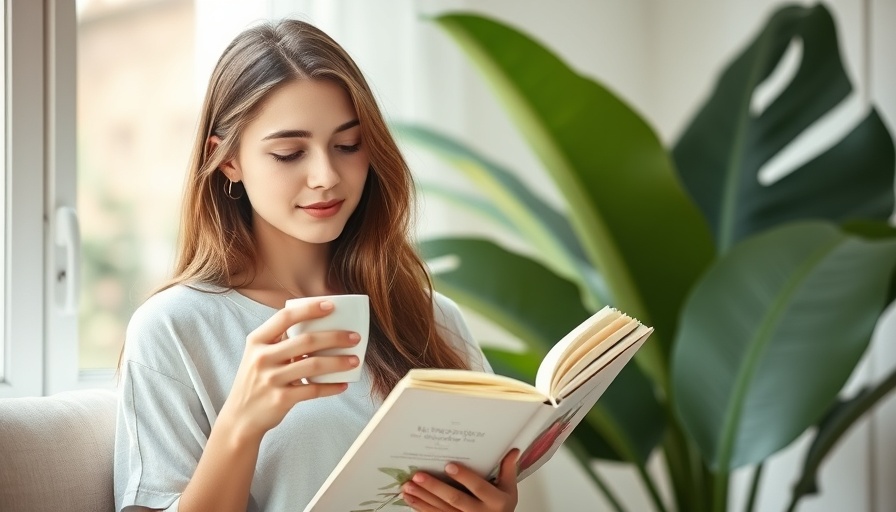 Young woman enjoying slower softer mornings with a book and coffee.