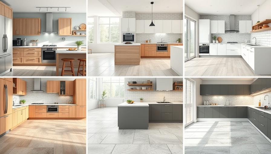 Collage showcasing various kitchen tile flooring styles, modern kitchen designs