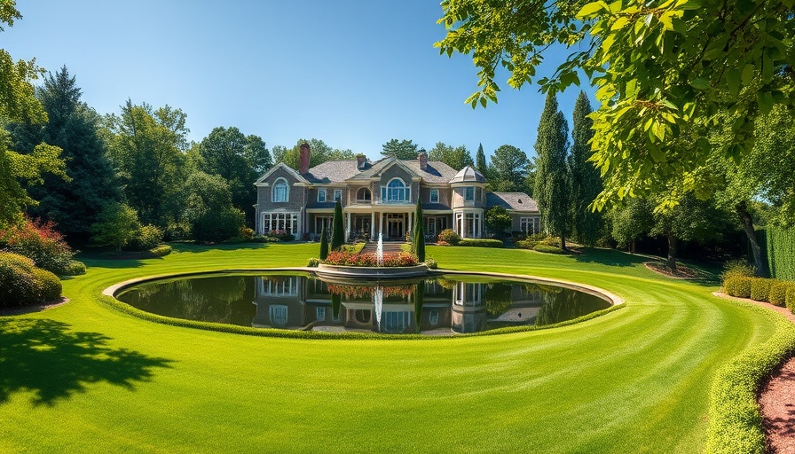 Luxurious Gold Coast estate with gardens and a pond, aerial view.