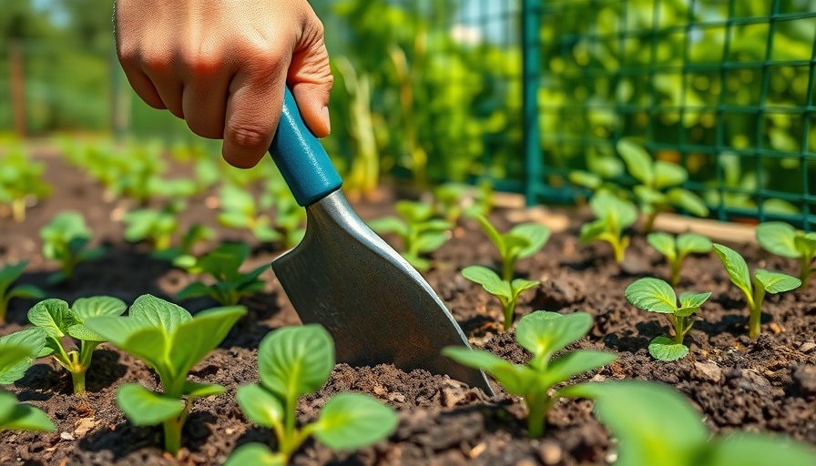 Gardening in action with a hand tool in vegetable garden