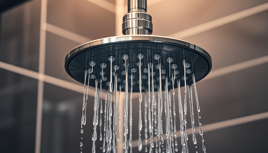 Modern showerhead with water cascading, running washing machine while showering concept.