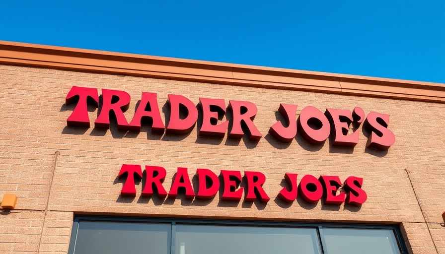 Trader Joe's storefront sign on brick wall under clear sky.