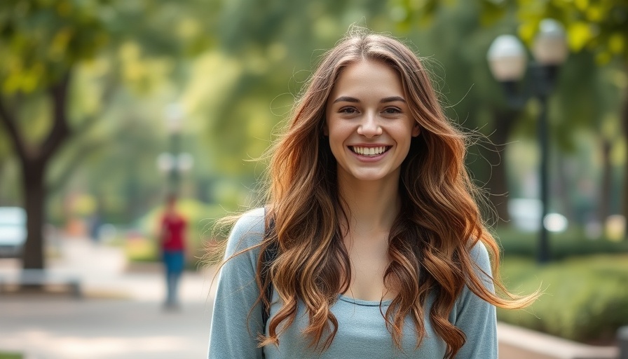 Smiling woman outdoors in park, highlighting natural beauty.