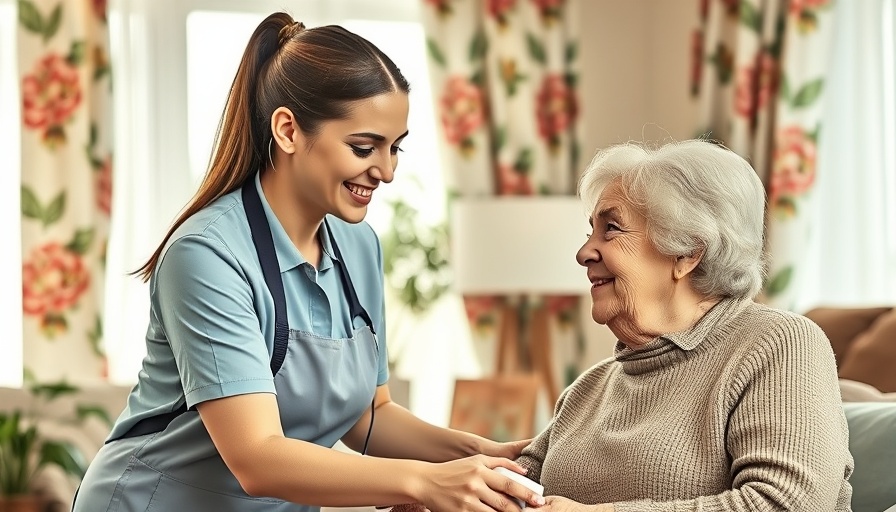 Smiling cleaner assisting elderly woman in cozy room, gentle cleaning services.