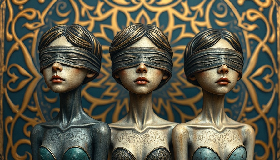Art Nouveau style portrait of blindfolded figures symbolizing forgiveness and accountability