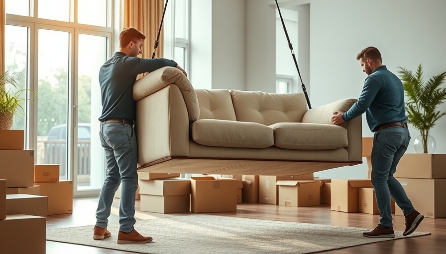 Modern removalists lifting a beige sofa, surrounded by boxes.